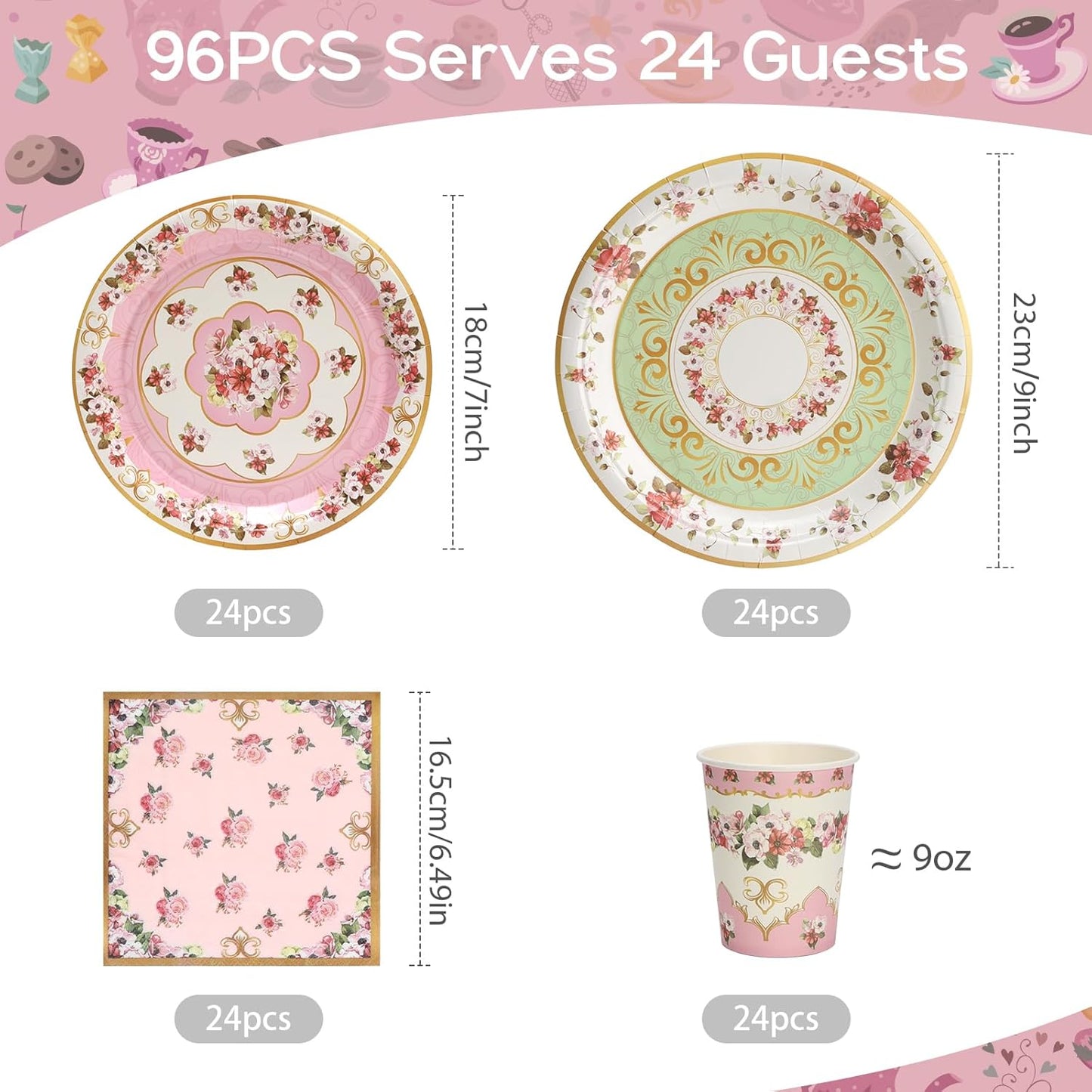 96pcs Tea Party Plates and Napkins Cups Fancy Paper Plates Round Disposable Tableware Set for 24 Guest Gold Border Retro Gorgeous Picnic Wedding Kids Birthday Party Supplies Decorations