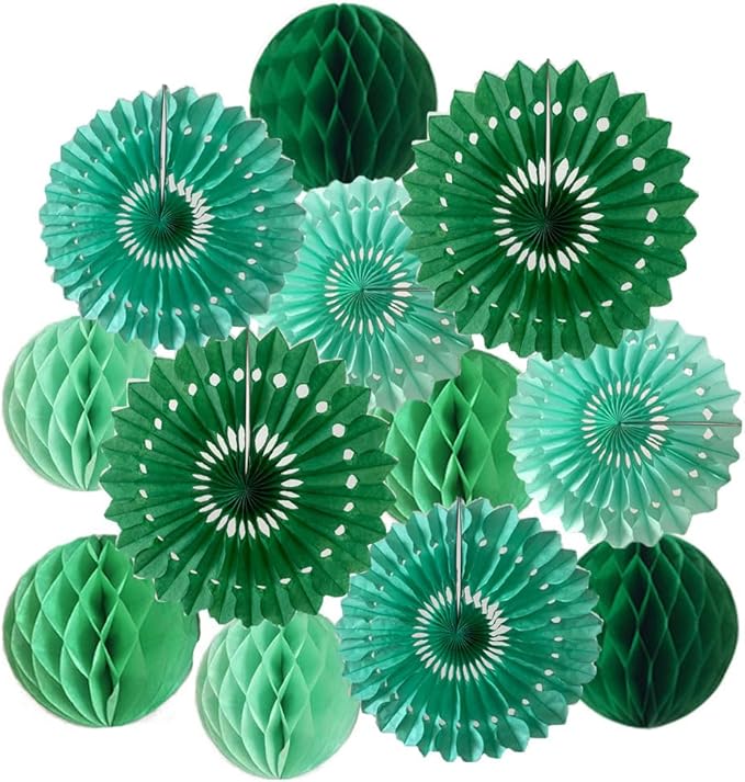 12pcs 6’’ 8’’ Honeycomb Balls Tissue Paper Fans Party Honeycomb Ball Fans Wall Tissue Pom Poms Flower Balls Hanging Paper Fans For Party Baby Shower Birthday Wedding Nursery Wall Decor(green set)