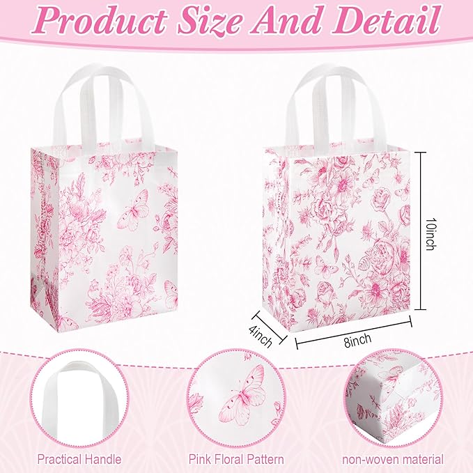 Wovnet 30 Pcs Pink Floral Gift Bags Bulk Reusable Non Woven Vintage Floral Tote Treat Goodie Candy Bags with Handles Spring Flowers Party Favors Pouch for Bridal Shower Wedding 10 x 8 x 4 Inch