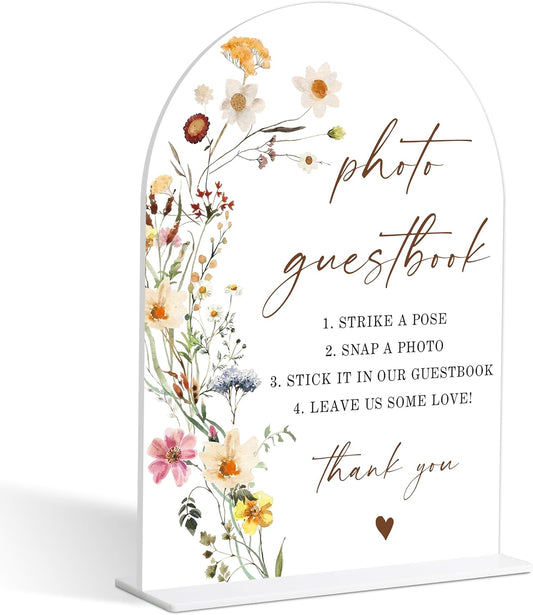 Photo Guest Book Sign, Wedding Guest Book Alternative, Flower Style Bridal Shower Signs for Engagement, Bridal Shower and Reception, Wedding Shower Favors, 6X8 Inch Acrylic Arch Sign with Stand,12