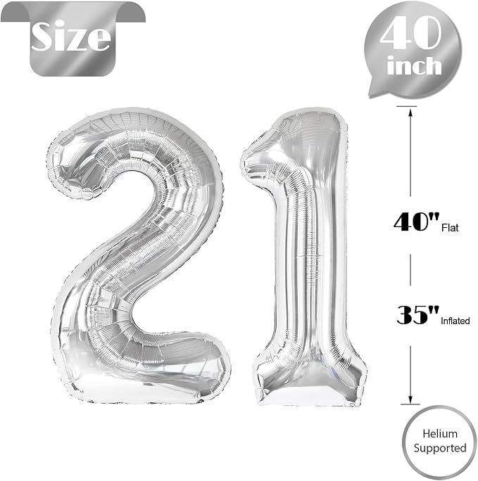 Silver Number 21 Balloon 40 inch, 21 Number Balloons, 21st Silver Birthday Decorations for Girls Boys Kids, 21 Year Old Women Men Silver Party Supplies