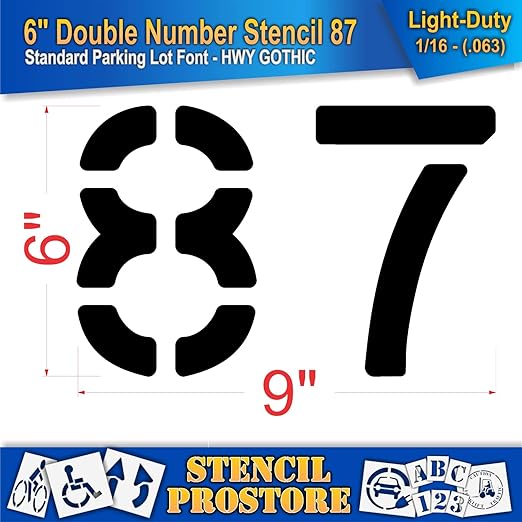 Pavement, Curb, and WheelStop Stencils - 6 inch Double Number Stencil - (87) - 6" x 9" x 1/16" (63 mil) - Light-Duty