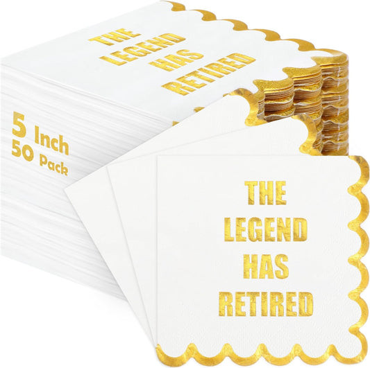Happy Retirement Paper Napkins the Legend Has Retired Cocktail 5x5 Inches Disposable Gold Lace Napkins with Gold Foil for Party Decorations Supplies(50 Pcs)