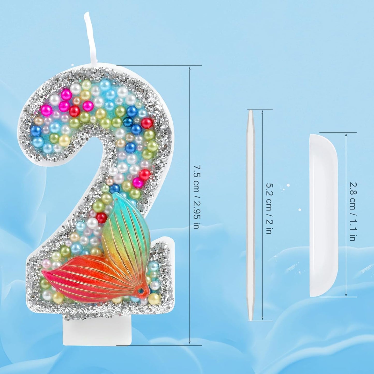 Mermaid Number 2 Candles, Red Blue Mermaid Birthday Candles Little Mermaid Theme Party Decorations for Cake Topper Anniversary Celebrations Supplies（Number 2）