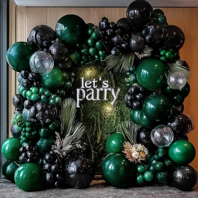 Black Green Balloon Garland Double Stuffed Dark Emerald Green Balloons Clear Bobo Metallic Black Balloon Arch Kit for Christmas New Year Birthday Bridal Shower Graduation Party Decorations