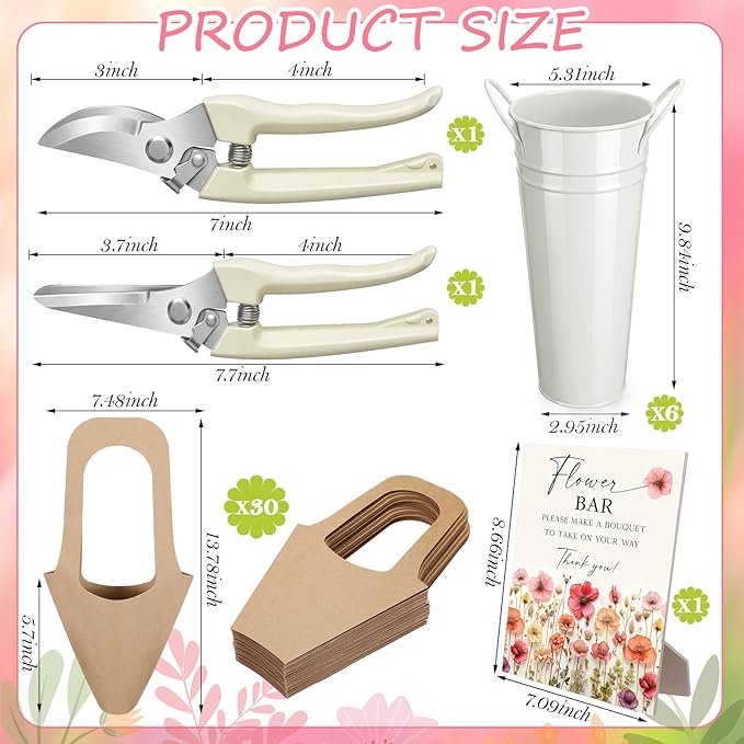 LEIFIDE 39 Pcs Flower Bar Buckets Set Kit Bloom Bar Supplies Include Wood Sign Gift Bags Iron Bucket Garden Flower Shears for Valentine Days Wedding Bridal Shower Table Centerpieces (Light Beige)