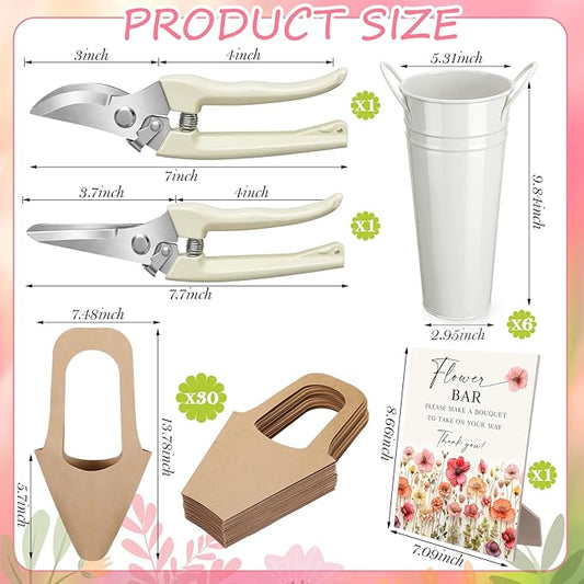 LEIFIDE 39 Pcs Flower Bar Buckets Set Kit Bloom Bar Supplies Include Wood Sign Gift Bags Iron Bucket Garden Flower Shears for Valentine Days Wedding Bridal Shower Table Centerpieces (Light Beige)