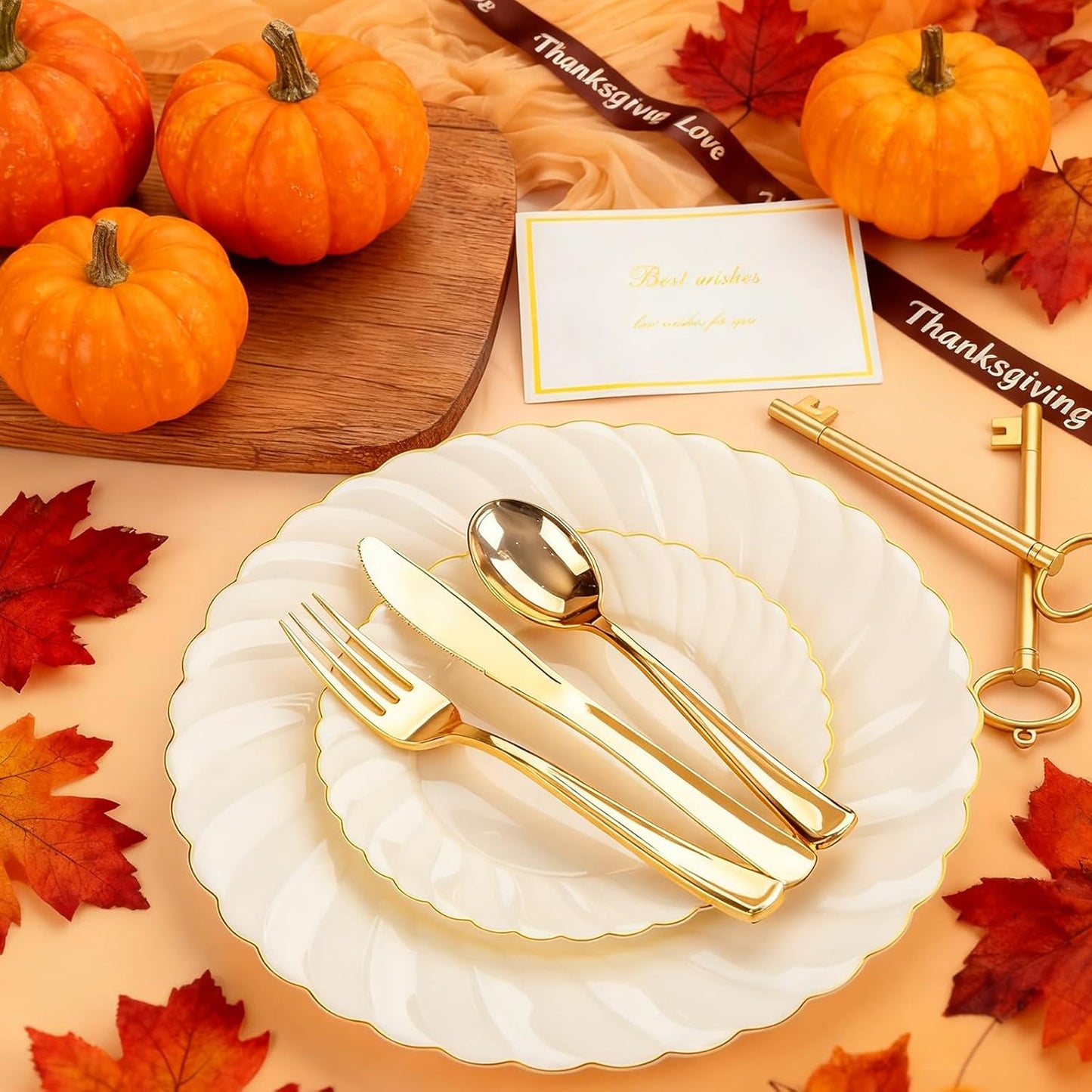 YOUBET 125PCS Scalloped Plastic Plates - Ivory Scalloped Disposable Plates - Gold Plastic Dinnerware Set Include 50 Plates, 75 Gold Silverware for Party & Wedding & Thanksgiving