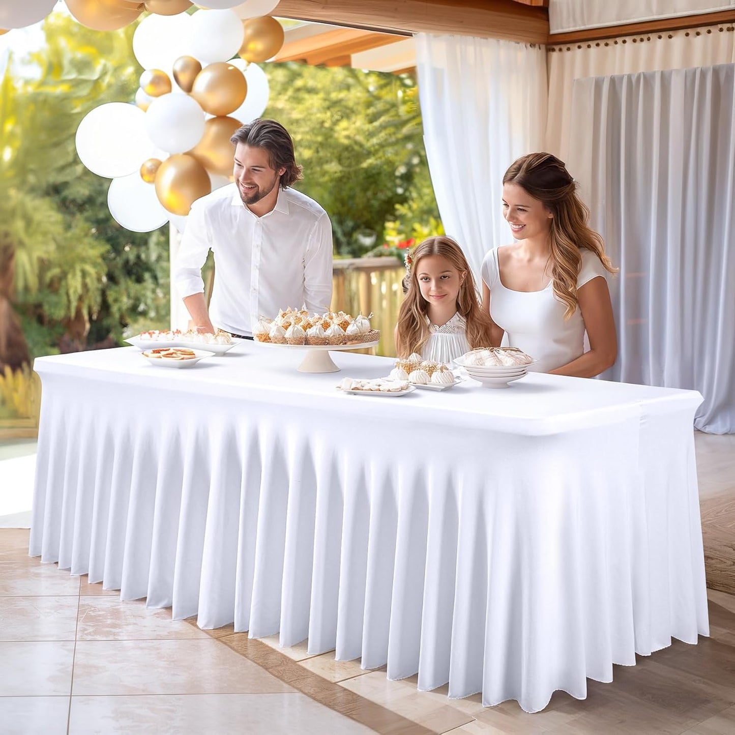PARTISKY White Spandex Tablecloth for 4ft Rectangle Tables, Stretchable Table Cover Skirt for Folding Tables Weddings Parties Banquets Events Trade Shows and Dessert Table