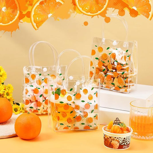 Tioncy 24 Pcs Orange Clear PVC Gift Bags with Handles Orange Theme Candy Treat Basket Little Cutie Party Favor Bags for Little Cutie Baby Shower Decorations Wedding Birthday Summer Party Supplies