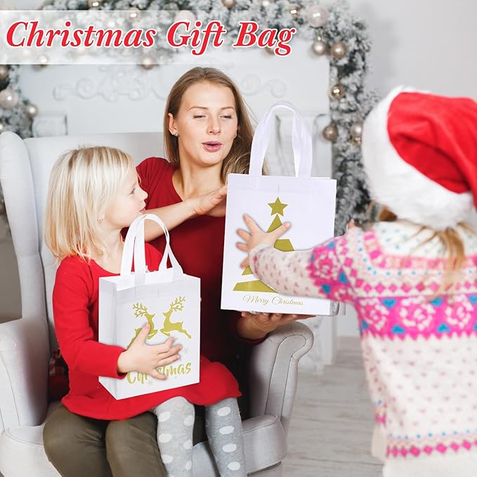 Wesnoy 48 Pcs Christmas Gift Bags Bulk 10 x 8 x 4 Inch White Gold Metallic Goodies Bags Reusable Non Woven Christmas Party Favors Candy Treat Totes with Handle for Holiday Gift Birthday Party Supplies