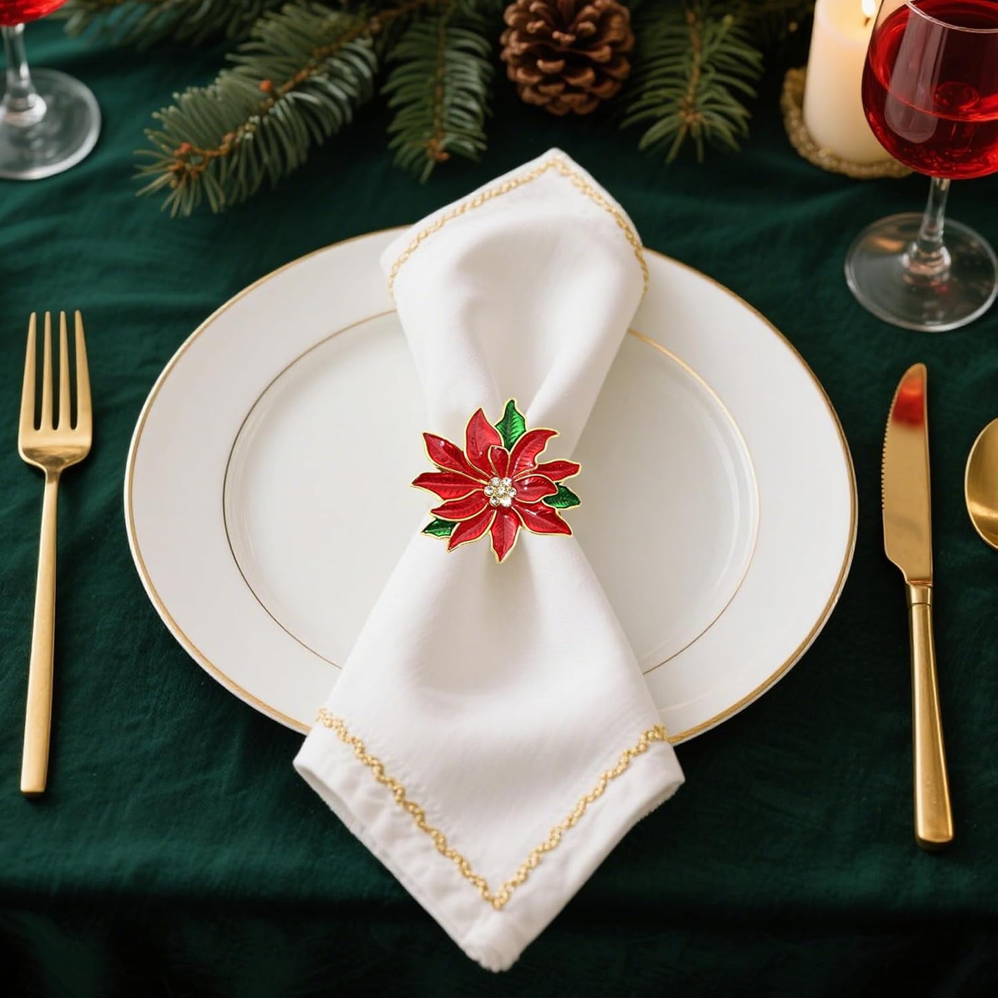 Christmas Poinsettia Flower Napkin Rings Set of 6 for Christmas New Year Valentine's Day Banquet,Red Floral Napkin Rings Holder for Wedding Anniversary Brithday Holiday Family Dinner Decor
