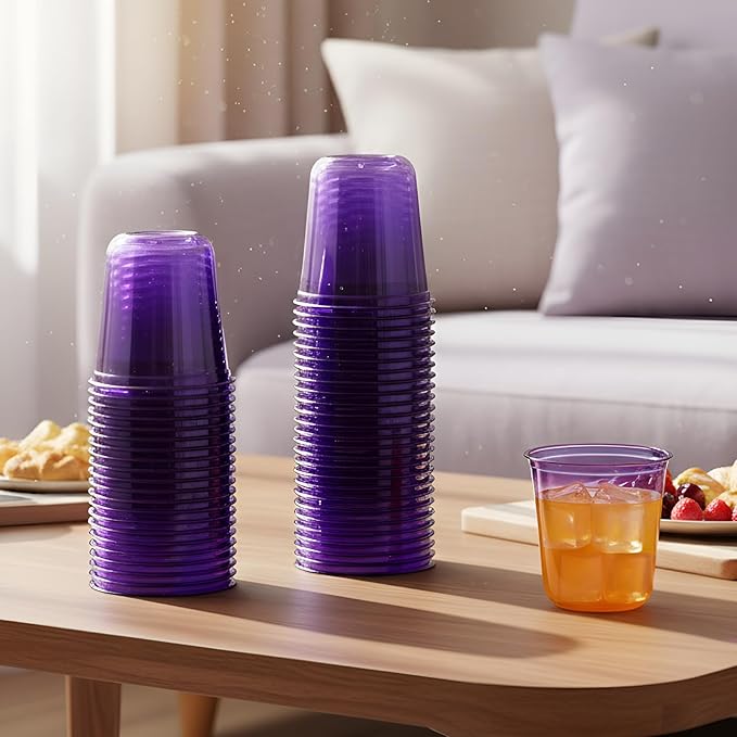 Disposable Stemless Glasses 12oz Crystal Plastic Wine Glasses Clear Classic Pet Cup for Meeting Weddings Birthdays Cocktail Christmas Party Supplies (Purple,50 Pcs)