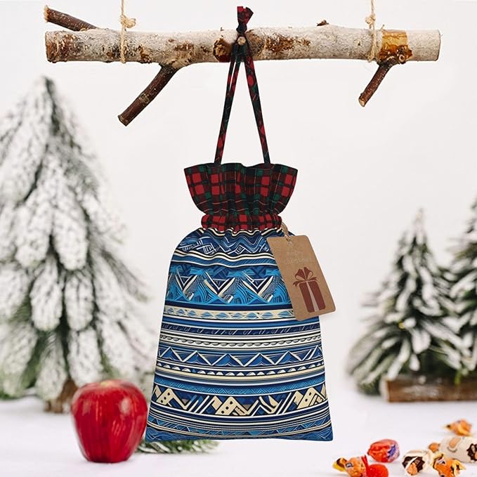 PULaif Blue Polynesian Maori Tribal Print Christmas Drawstring Gift Bags, Large Size Christmas Bags For Gifts Party Favors, Xmas Gift Bags
