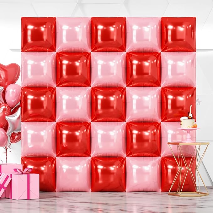 NISOCY 25PCS Red and Pearl Pink Square Foll Balloons Wall Backdrop Double Sided Red Pink Balloon Arch Kit for Birthday Bachelorette Anniversary Engagement Valentine's Day Strawberry Party Decoration