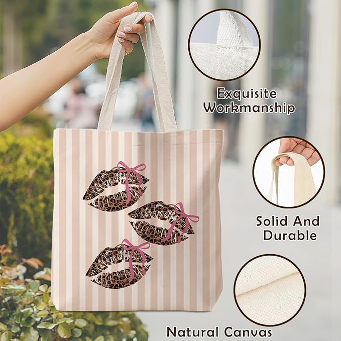 Coquette Pink Bow Leopard Lip Tote Bag for Women,Trendy Cheetah Print Canvas Tote Bag for Girls,Girly Leopard Lip Print Aesthetic Reusable Shopping Grocery Bags Party Favors