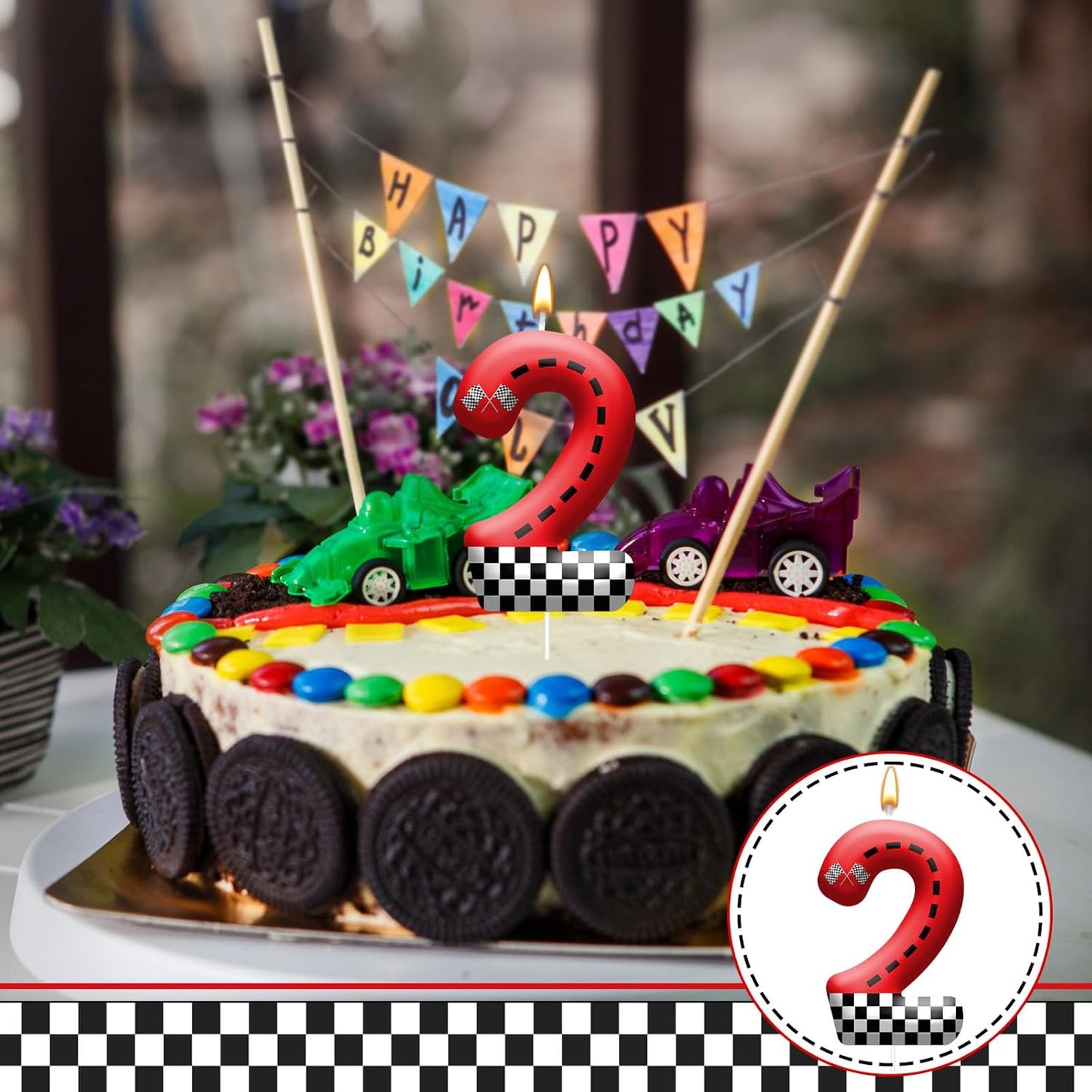 Racing Car Theme Birthday Candle with Checkered Flag Design - Durable Cake Topper for Race Car Party Decorations,Birthday Supplies - Number 2 Candle for Racing Themed Celebrations