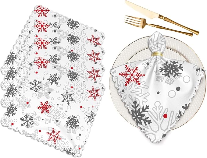 Christmas Snow Napkins Cloth Washable Set of 4 Snowflakes Red Gray Polyester Kitchen Dinner Napkins for Holiday Festive Wedding Decor 18 x 18 inch