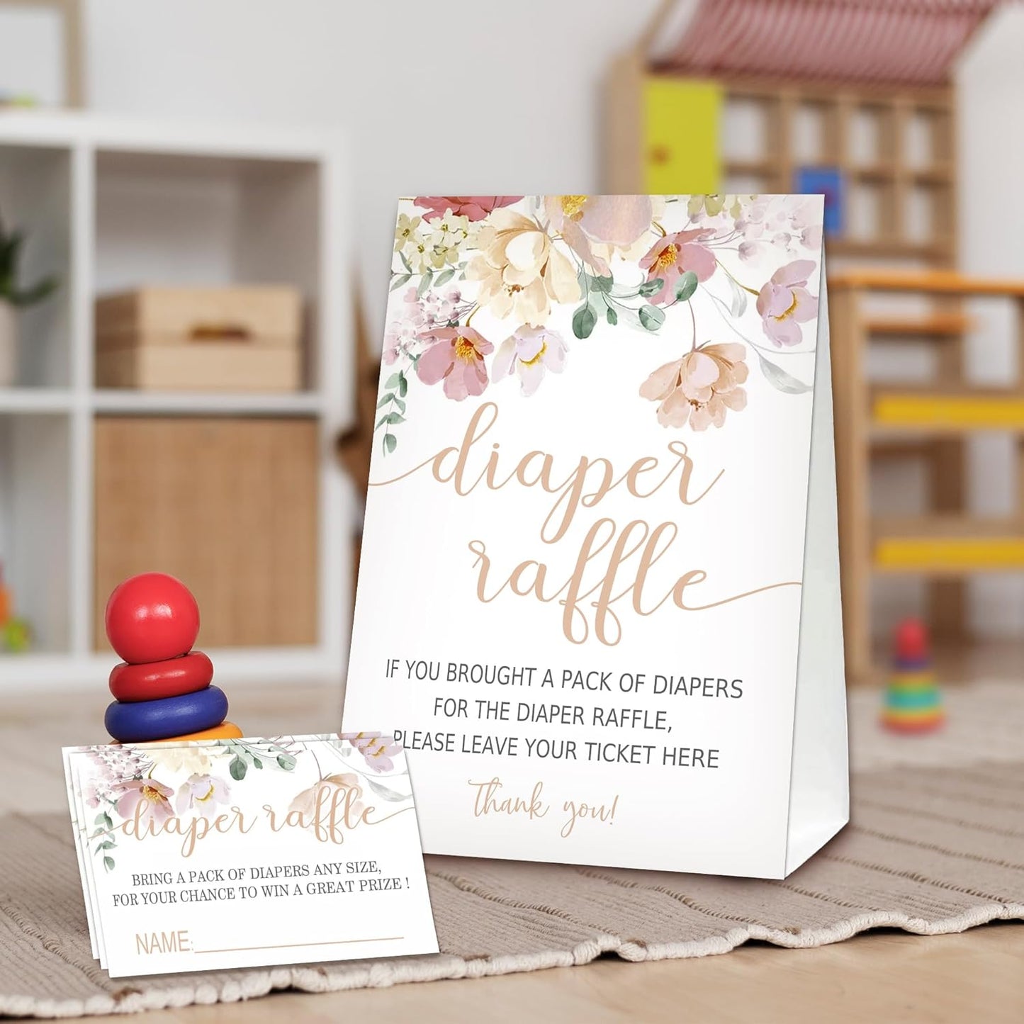 Floral Diaper Raffle Tickets for Baby Shower Game, 1 Standing Sign(5 * 7 Inch) & 50 Guessing Cards for Baby Shower Party Decoration