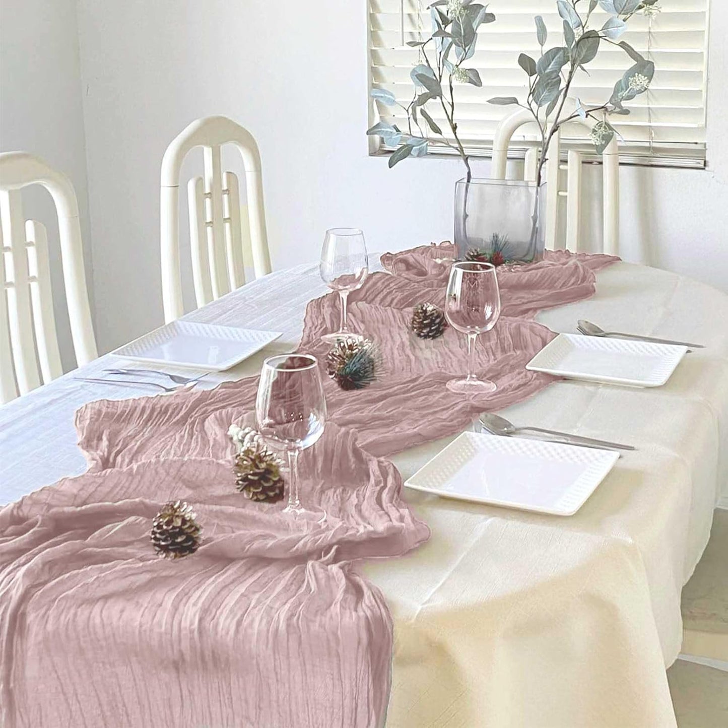 12 Pack Pink Cheesecloth Table Runners 35 x 120 Inch – Rustic Boho Gauze Table Runner for Wedding Arch, Party Decoration, Bridal Shower, Reception, Farmhouse Dining Decor