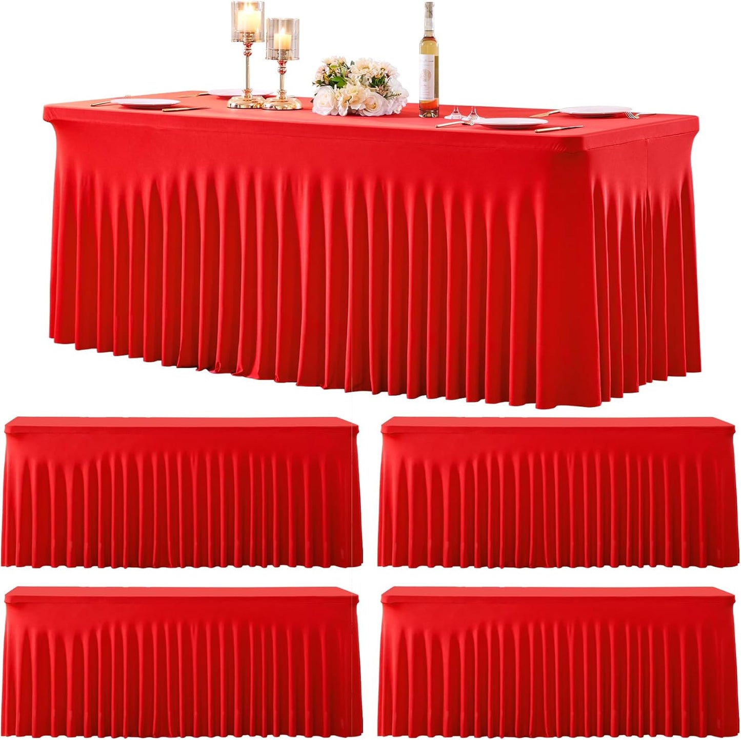 Suppromo 4 Pack 6ft Red Spandex Table Cloths for Rectangle Tables Wrinkle Free Red Tablecloths Rectangle Stretch Fitted Table Cover with Skirt for Birthday Party Baby Shower Wedding Banquet Buffet