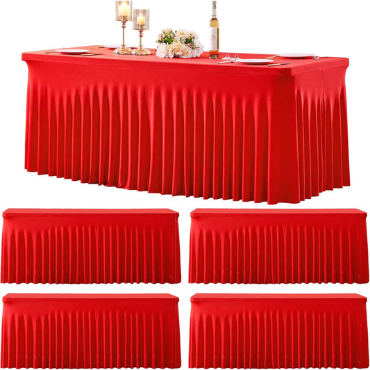 Suppromo 4 Pack 6ft Red Spandex Table Cloths for Rectangle Tables Wrinkle Free Red Tablecloths Rectangle Stretch Fitted Table Cover with Skirt for Birthday Party Baby Shower Wedding Banquet Buffet