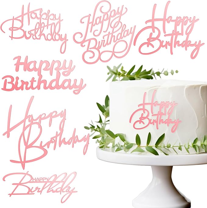 6 Pcs Rose Gold Happy Birthday Cake Topper Side Mirror Acrylic Cake Topper Happy Birthday Cake Sign Decorations Rose Gold Cake Inserts Cake Decor Supplies Cupcake Toppers for Birthday Party Cake