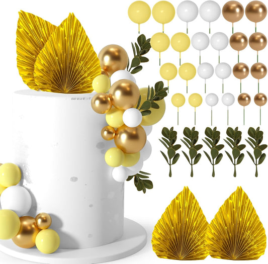 NEBURORA 64 Pcs Balls Cake Toppers and Leaves Decoration Set Mini Balloons for Cake Decorating Supplies Balls Cake decorations for Baby Shower Cake Toppers Birthday Cake Decorations (Yellow Gold)