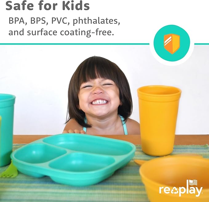 Re-Play Toddler Plates with Dividers - Deep-Walled 3 Compartments Divided Plates for Kids - Dishwasher & Microwave Safe - Made in USA - Set of 3-7.37" x 7.37" x 1.25" - Beach Baby