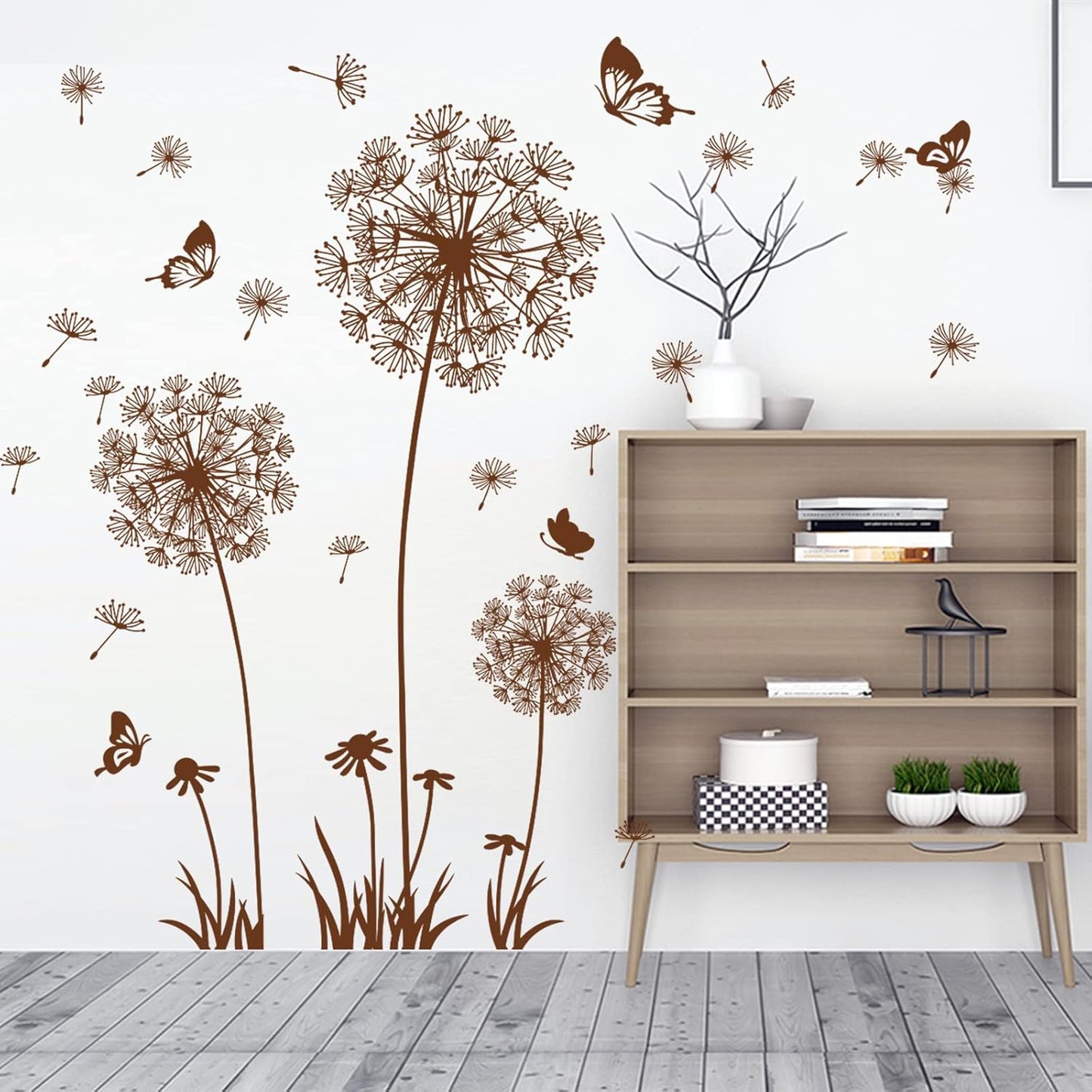Supzone Dandelion Wall Stickers Flower Wall Decals Butterflies Flying Wall Decors Wall Art Stickers for Bedroom Living Room Sofa Backdrop TV Wall Decoration(Brown)