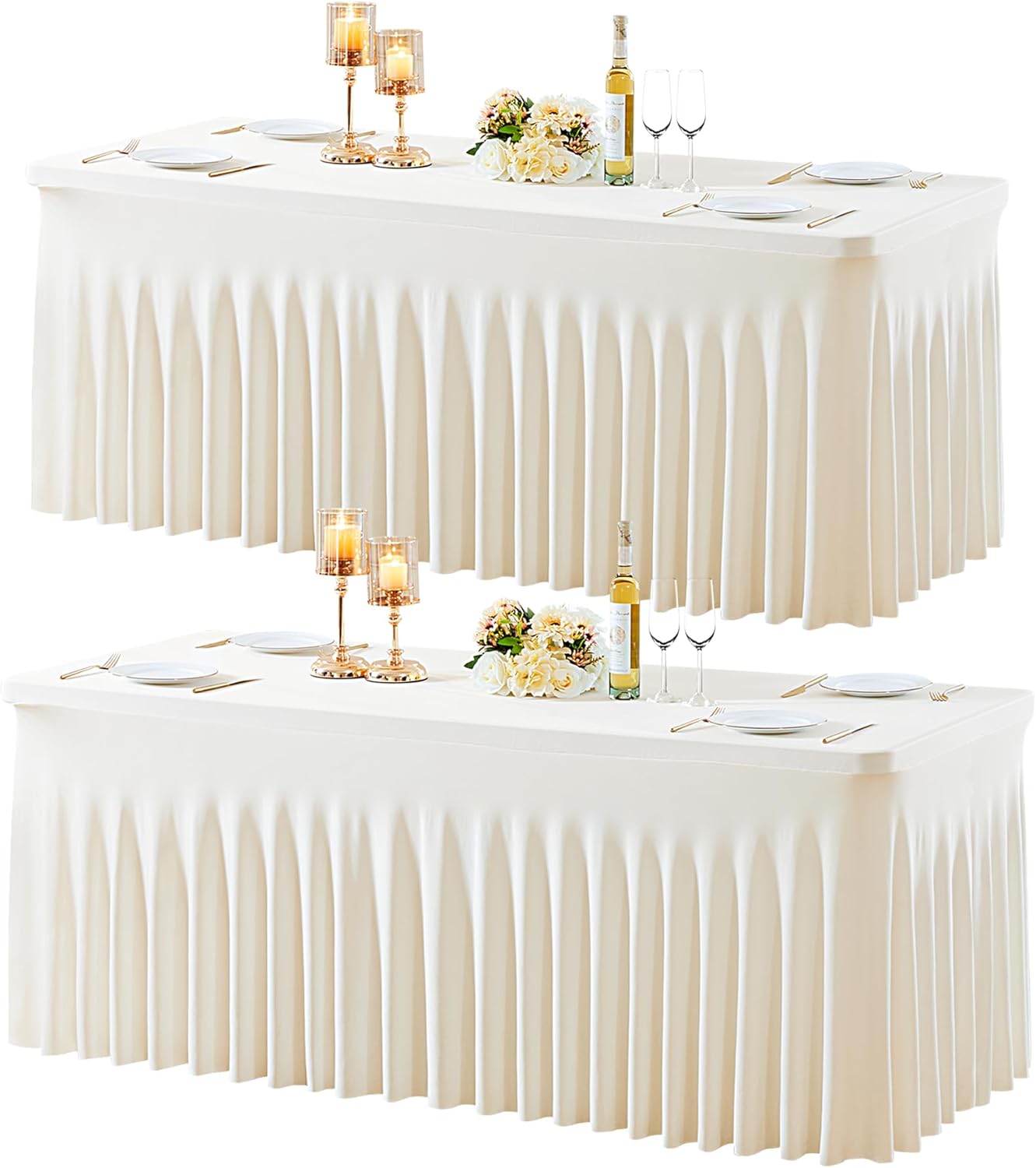 2 Pack Spandex Ivory Fitted Table Cloth for 8ft Rectangle Tables Ivory Stretch Tablecloth Table Covers Banquet Table Clothes Wrinkle Free Table Skirt for Parties Wedding