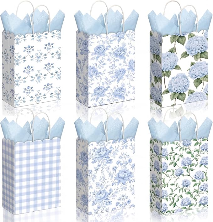 Kolldenn 24 Pcs Hydrangea Floral Party Gift Bags with Handles Paper Candy Treat Goodie Bags Scalloped for Birthday Decoration for Bridal Baby Shower Tea Party Supplies