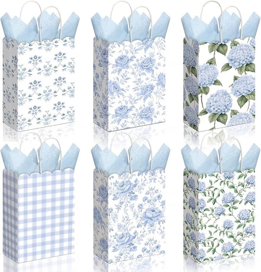 Kolldenn 24 Pcs Hydrangea Floral Party Gift Bags with Handles Paper Candy Treat Goodie Bags Scalloped for Birthday Decoration for Bridal Baby Shower Tea Party Supplies