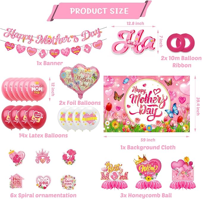 Mother's Day Decorations Includes Banner,Balloons,Backdrop,Hanging Swirls,Honeycomb,Balloon Ribbon for Mother's Day Party Decor Mothers Birthday Party Supplies