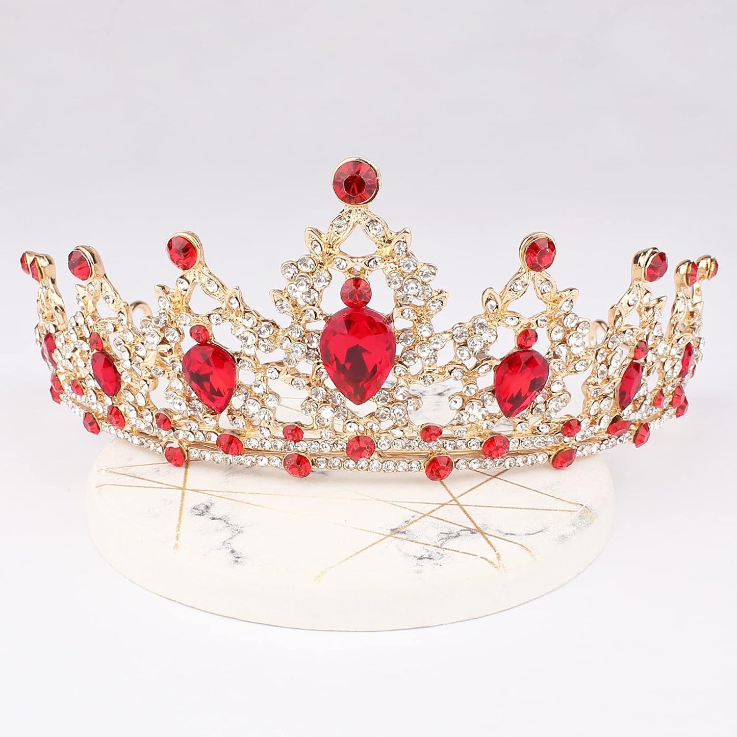 CAVETEE Gold Baroque Queen Crown for Women - Luxurious Red Rhinestones - Wedding, Prom, Christmas, Thanksgiving - 1 Count (Pack of 1) - Size: 15cm/5.9" Length, 5.8cm/2.3" Height