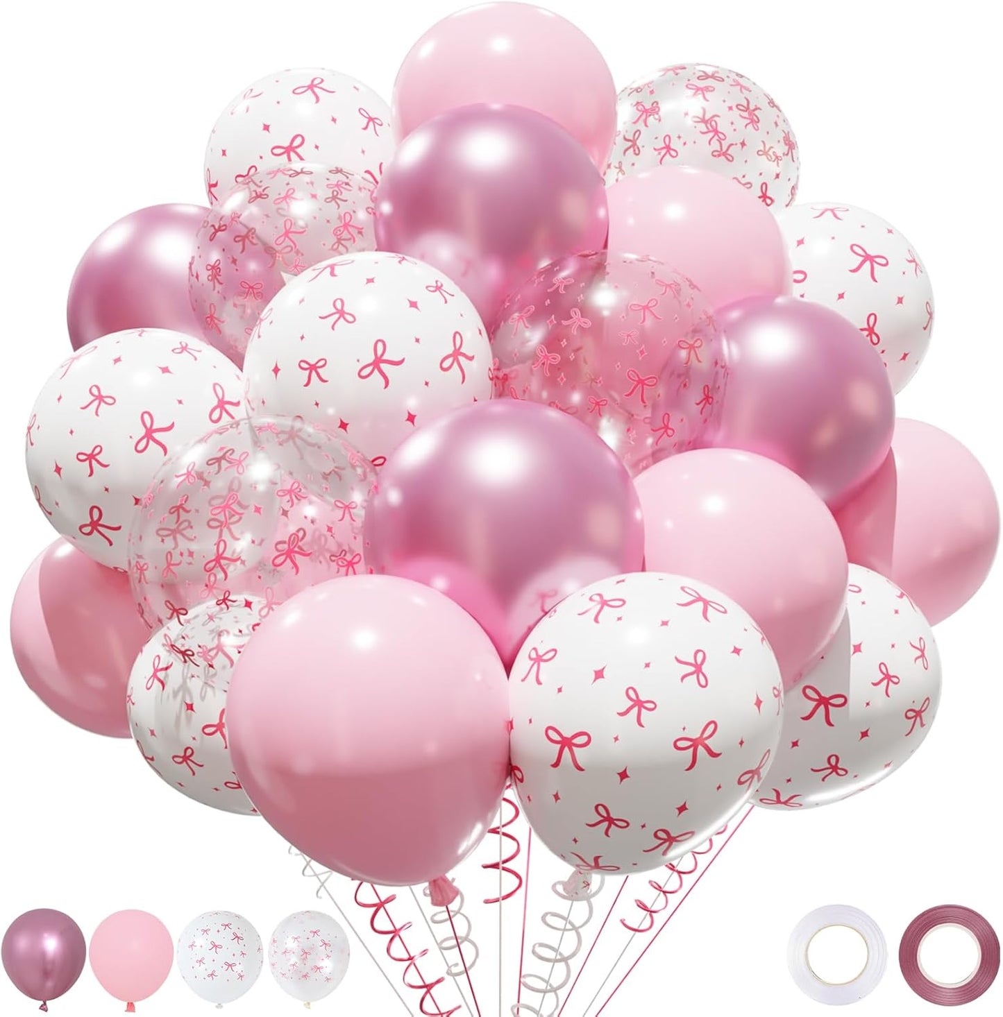 Patimate Pink Bow Balloons Set, 50 pcs 12 inch Metallic Pastel Pink White Transparent Bow Print Balloons Kit for Coquette Birthday Baby Shower for Girls Women Wedding Bridal Shower Party Decorations