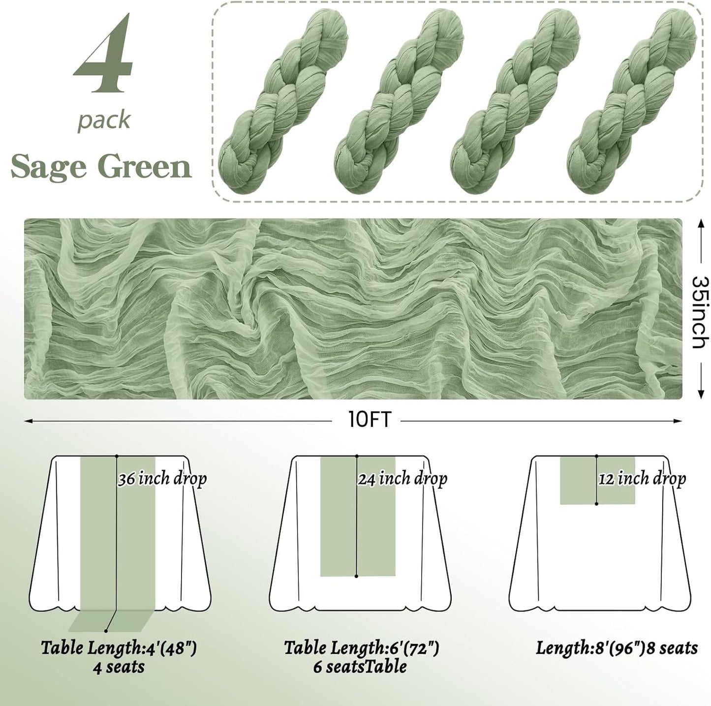 4Pack Sage Green Table Runner 10FT Cheesecloth Table Runner 35x120Inch Long Boho Gauze Cheese Cloth Table Runners Rustic Sheer Table Runners for Wedding Baby Shower Bridal Shower Decor