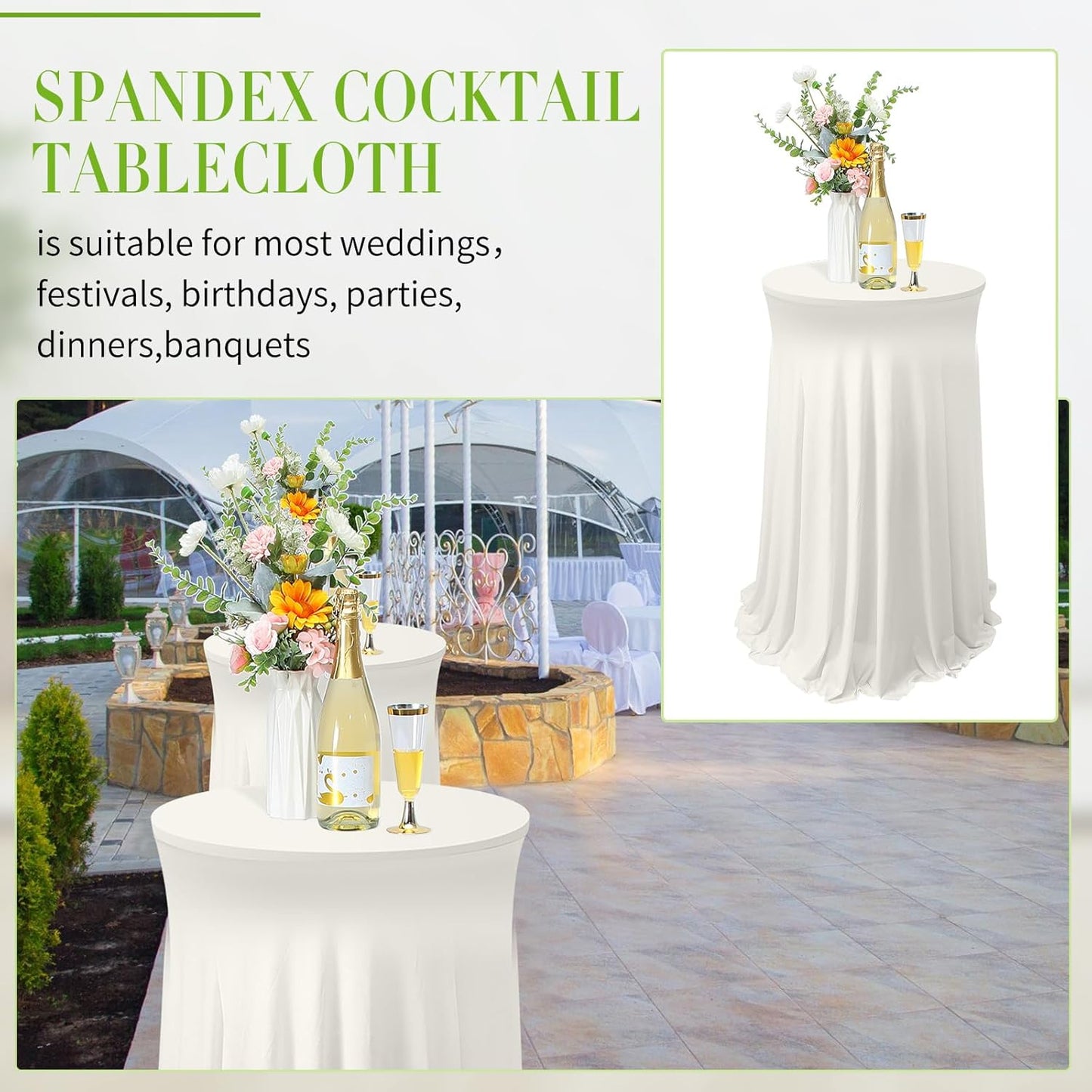 Tegeme 1 Pack 32 x 43 Inch Round Spandex Cocktail Tablecloths with Skirt Cocktail Round Table Cover Spandex Stretch Tablecloth for Fitted High Top Table Bar Wedding Party Banquet (Ivory)