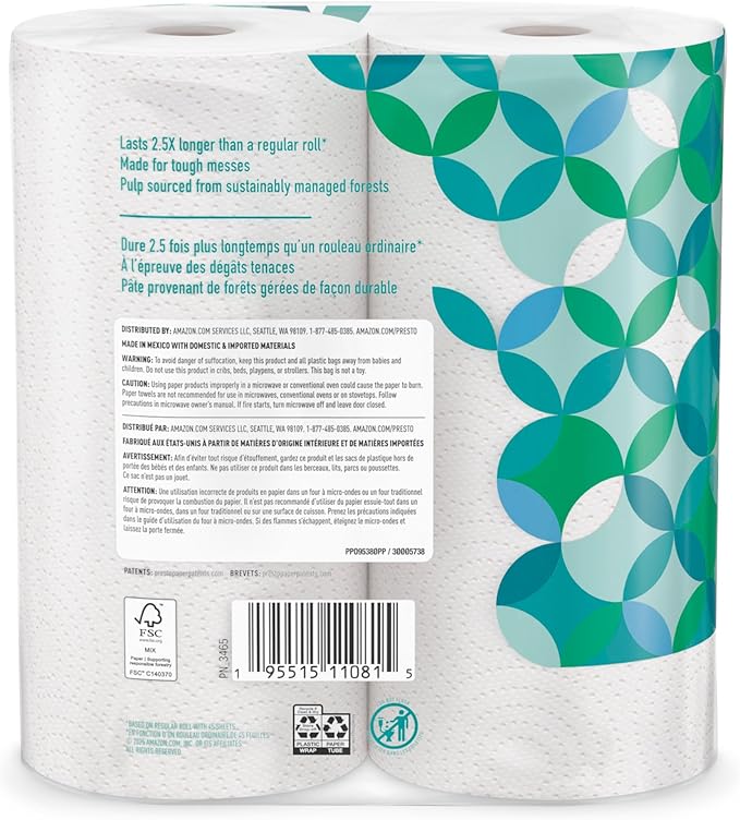 Amazon Brand - Presto! Kitchen Paper Towels - Flex-a-Size, 128 Sheet Family Roll, 8 Rolls (4 Packs of 2), White