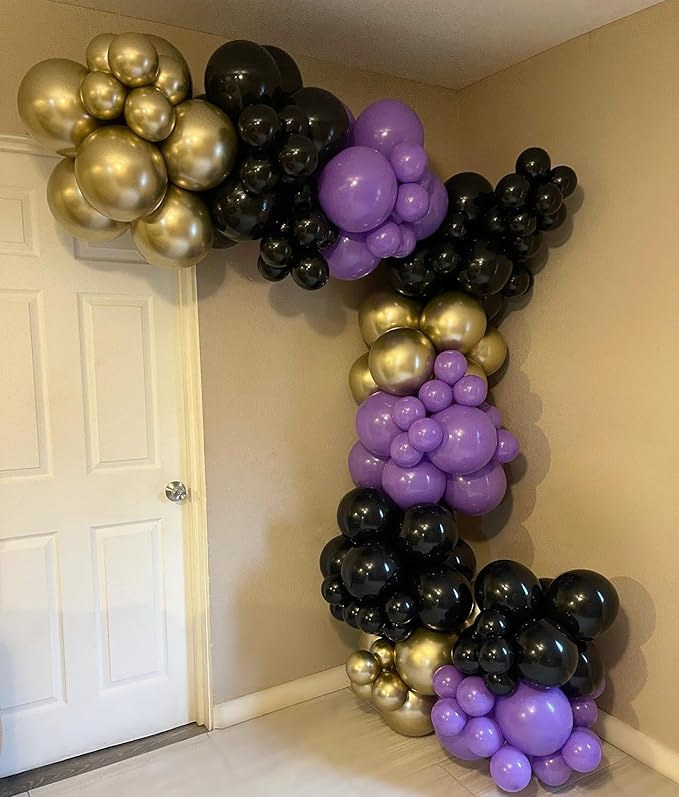 Purple and Gold Balloons, 12 Inch Black Purple and Gold Confetti Balloons for Graduation Prom Halloween Baby Shower Wednesday Retirement Birthday Party Decorations
