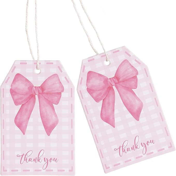 ASYEHJNR 100Pcs Pink Bow Gift Tags with String Pink Buffalo Plaid Large Gift Tags with 65Ft White String Cute Thank You White Paper Tag for Coquette Birthday Baby Shower Wedding Gift Wrap Tag