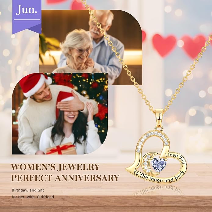 Anniversary Necklace for Women Birthstone Jewelry for Wife Gifts for Her Wife Birthday Gift Ideas Anniversary for Girlfriend I love you to the moon and back Necklaces Filled 925 Sterling Sliver