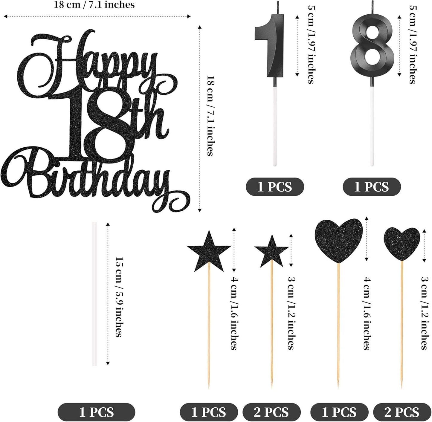 18th Birthday Cake Decorations, 18th Birthday Candles Cake Numeral Candles and Glitter Happy 18th Birthday Cake Toppers Set for Birthday Party Supplies (Black)