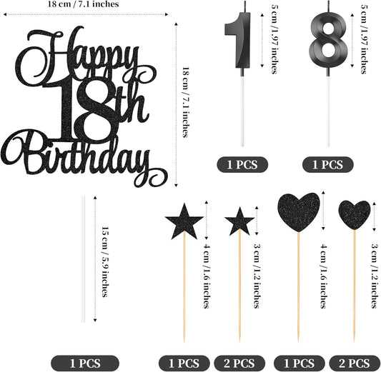 18th Birthday Cake Decorations, 18th Birthday Candles Cake Numeral Candles and Glitter Happy 18th Birthday Cake Toppers Set for Birthday Party Supplies (Black)