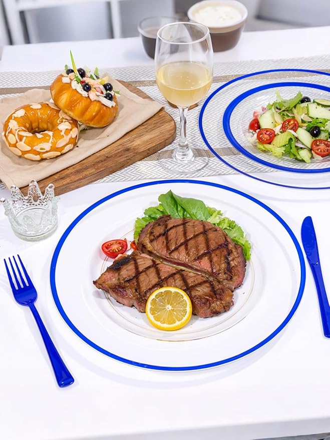 WDF 12 Inch Disposable Charger Plates - 25Pack Plastic Clear and Blue Charge Plates Perfect for Passover/Easter/Dinner/Wedding/Party/Elegant Tabletop Decor