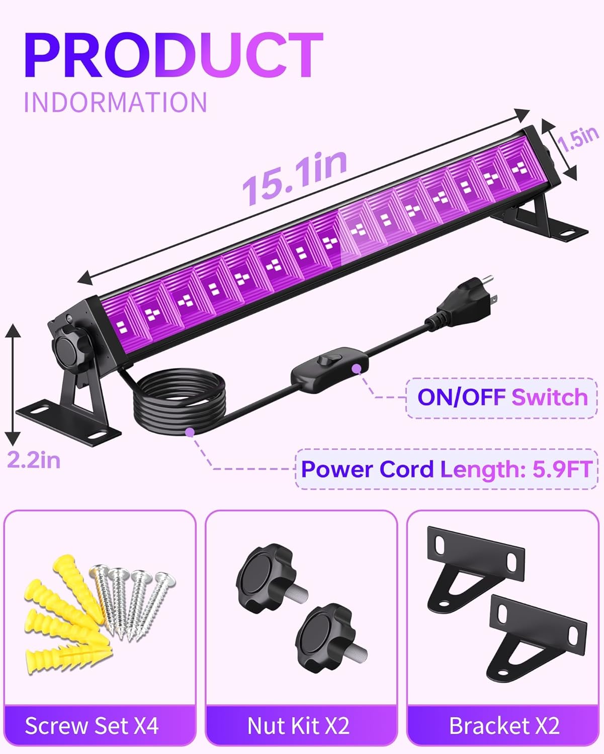 2 Pack LED 42W Black Lights, Blacklight Bars with Plug+Switch+6ft Cord, Light Up 24x24ftx4, Blacklight for Glow Party, Fluorescent Poster, Body Paint, Halloween Decorations, Bedroom, Stage
