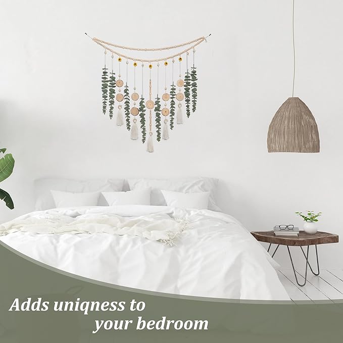 Artificial Hanging Eucalyptus Wall Decor Fake Plant Greenery Stems on 29" Sunflower Bead Garland Sage Green Boho Rustic Farmhouse Wall Art for Bathroom Bedroom Living Room