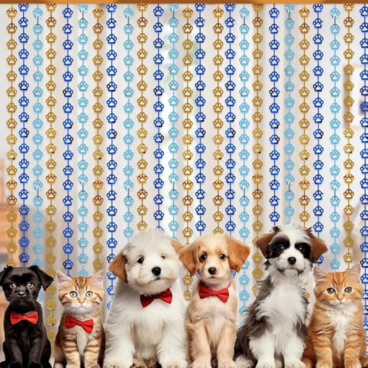 Blue Orange Party Decorations - 2 Packs Dog Paw Foil Fringe Streamers Curtains for Boys Girls Birthday Backdrop Decorations, Photo Booth Prop (3.3x6.6 ft)