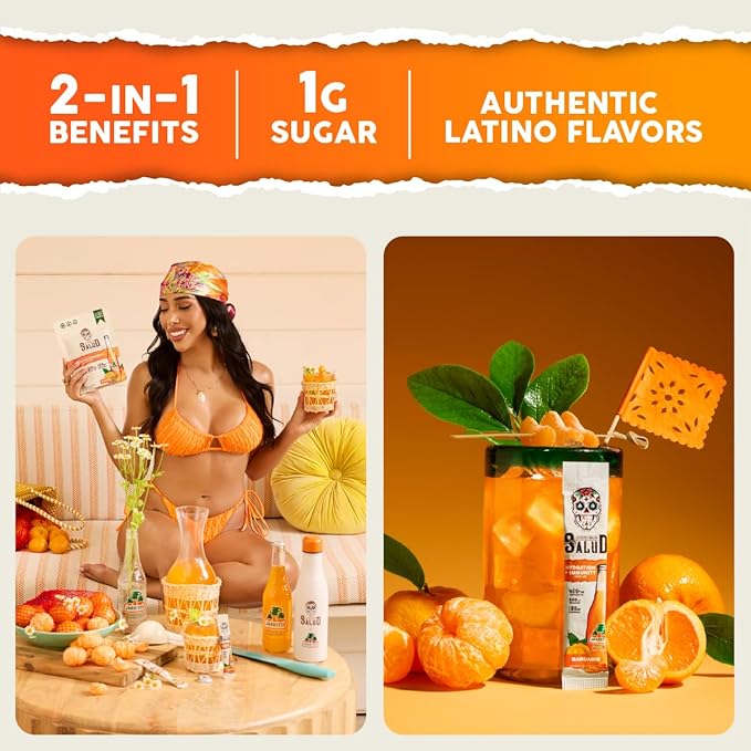 Salud x Jarritos 2-in-1 Hydration Packets + Immunity Electrolytes Powder, Mandarin - Agua Fresca Drink Mix, Elderberry, Dairy & Soy Free, Non-GMO, Gluten Free, Vegan, 1g Sugar (15 Servings)