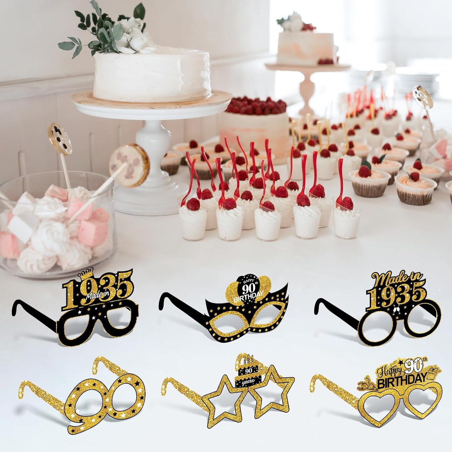 24Pcs 1935 90th Birthday Paper Glasses Decorations for Men Women - Black Gold Happy 90th Birthday Paper Eyeglasses Photo Props, Vintage 1935 Ninety Years Old Birthday Party Supplies
